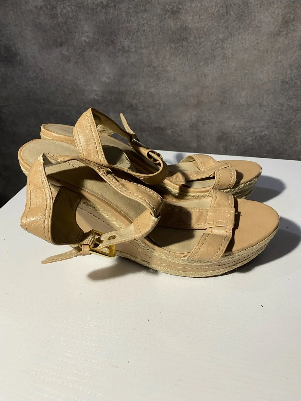 Franco Sarto Women's Wedge Sandals Size 10M Beige Tan Strappy Espadrille Flaws